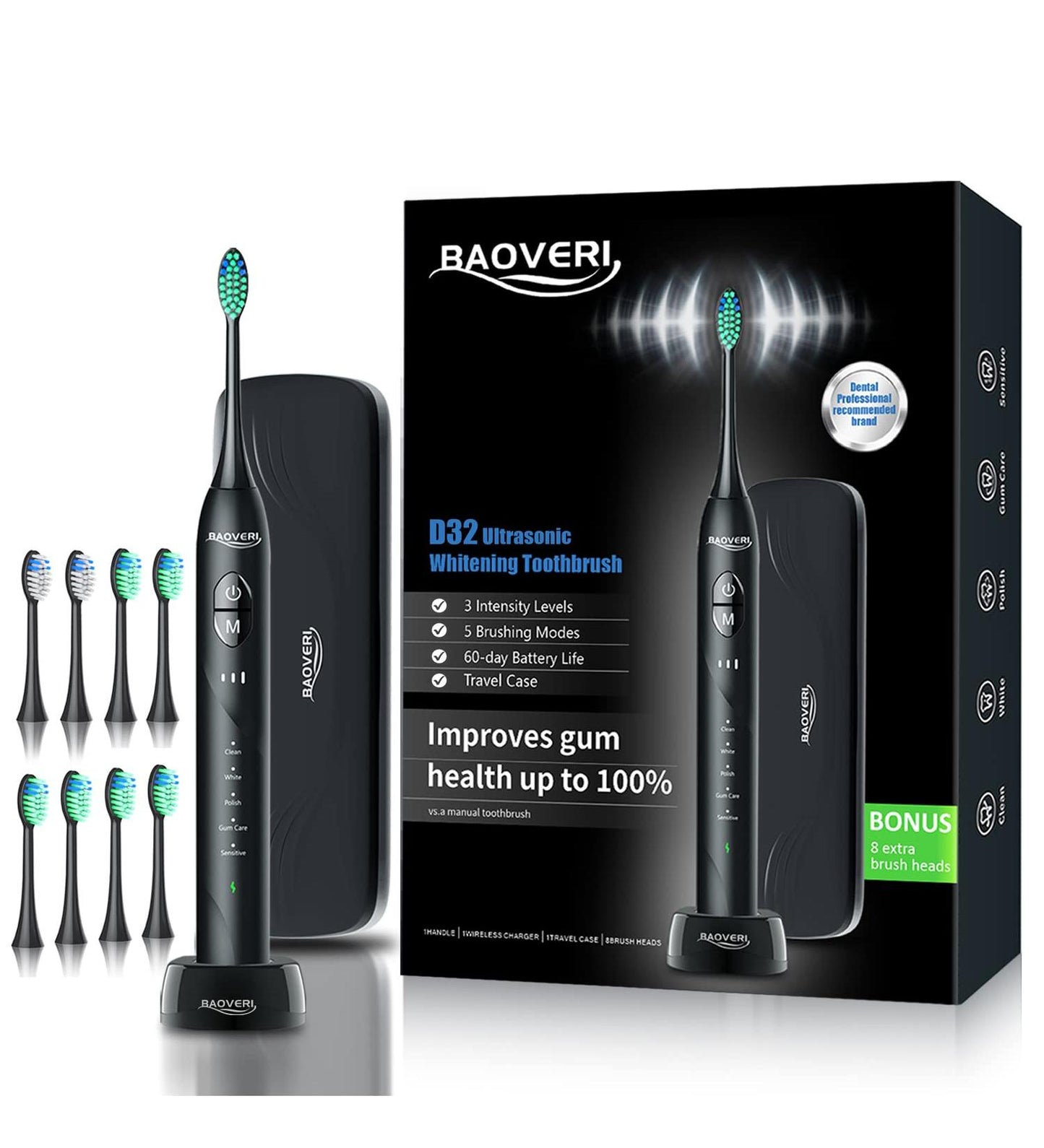 BAOVERI D32 Ultrasonic Electric Toothbrush – 5 Modes, Rechargeable