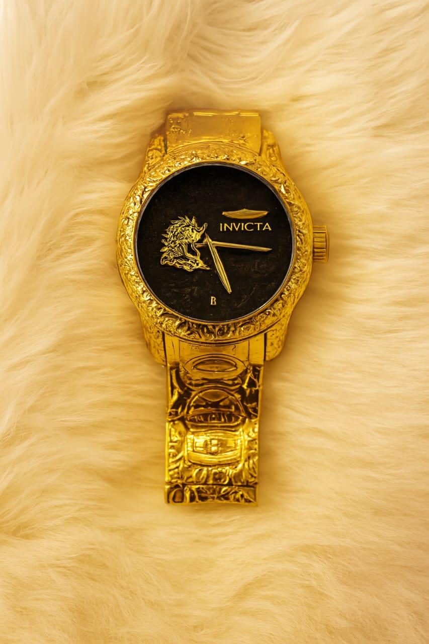 Invicta Engraved Gold-Tone Watch | Textured Black , White , Rose gold Dial