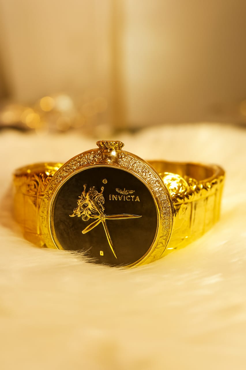 Invicta Engraved Gold-Tone Watch | Textured Black , White , Rose gold Dial