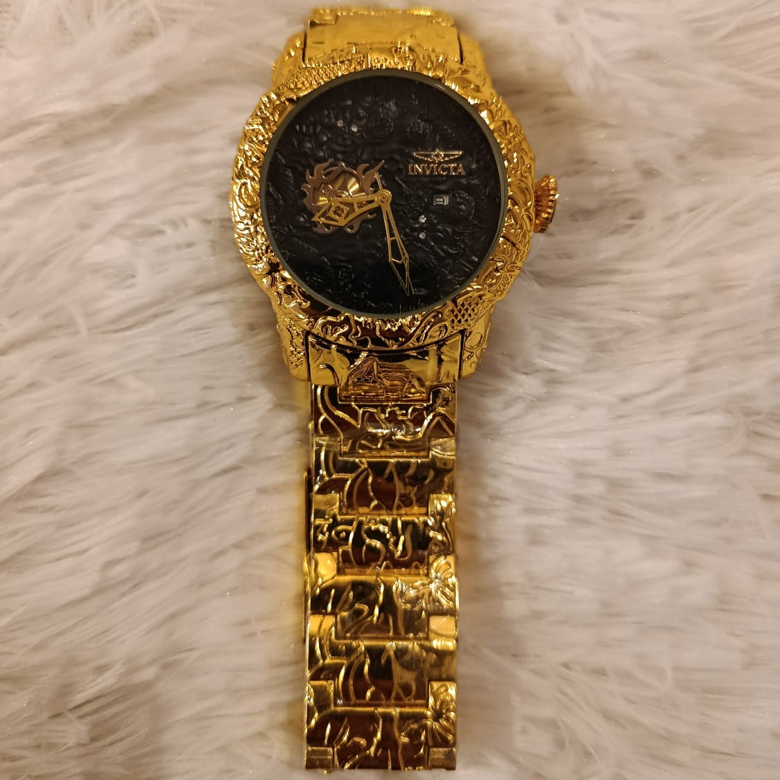 Invicta Engraved Gold-Tone Watch | Textured Black , White , Rose gold Dial