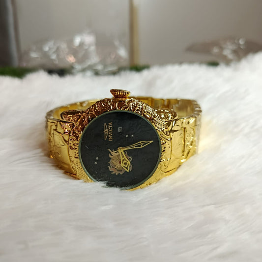 Invicta Engraved Gold-Tone Watch | Textured Black , White , Rose gold Dial