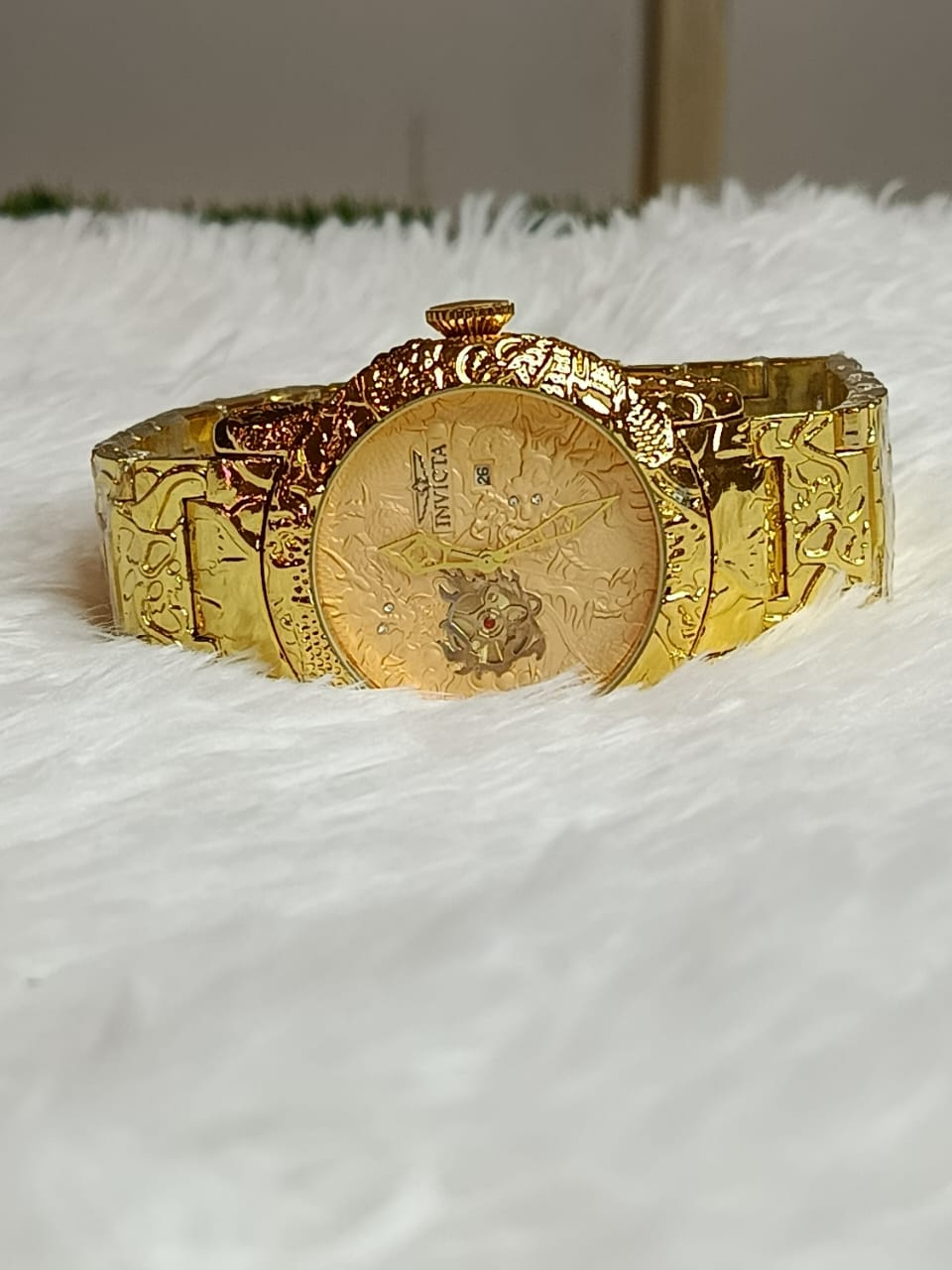 Invicta Engraved Gold-Tone Watch | Textured Black , White , Rose gold Dial