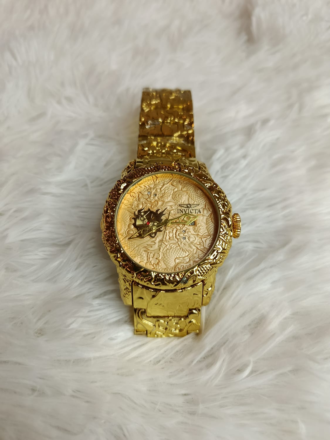 Invicta Engraved Gold-Tone Watch | Textured Black , White , Rose gold Dial