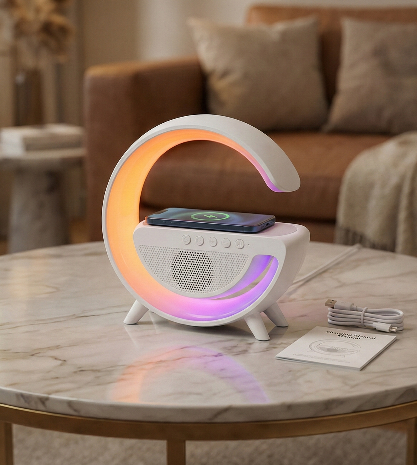 4-in-1 Smart G-Shape RGB Ambient Light with Wireless Charger & Bluetooth Speaker