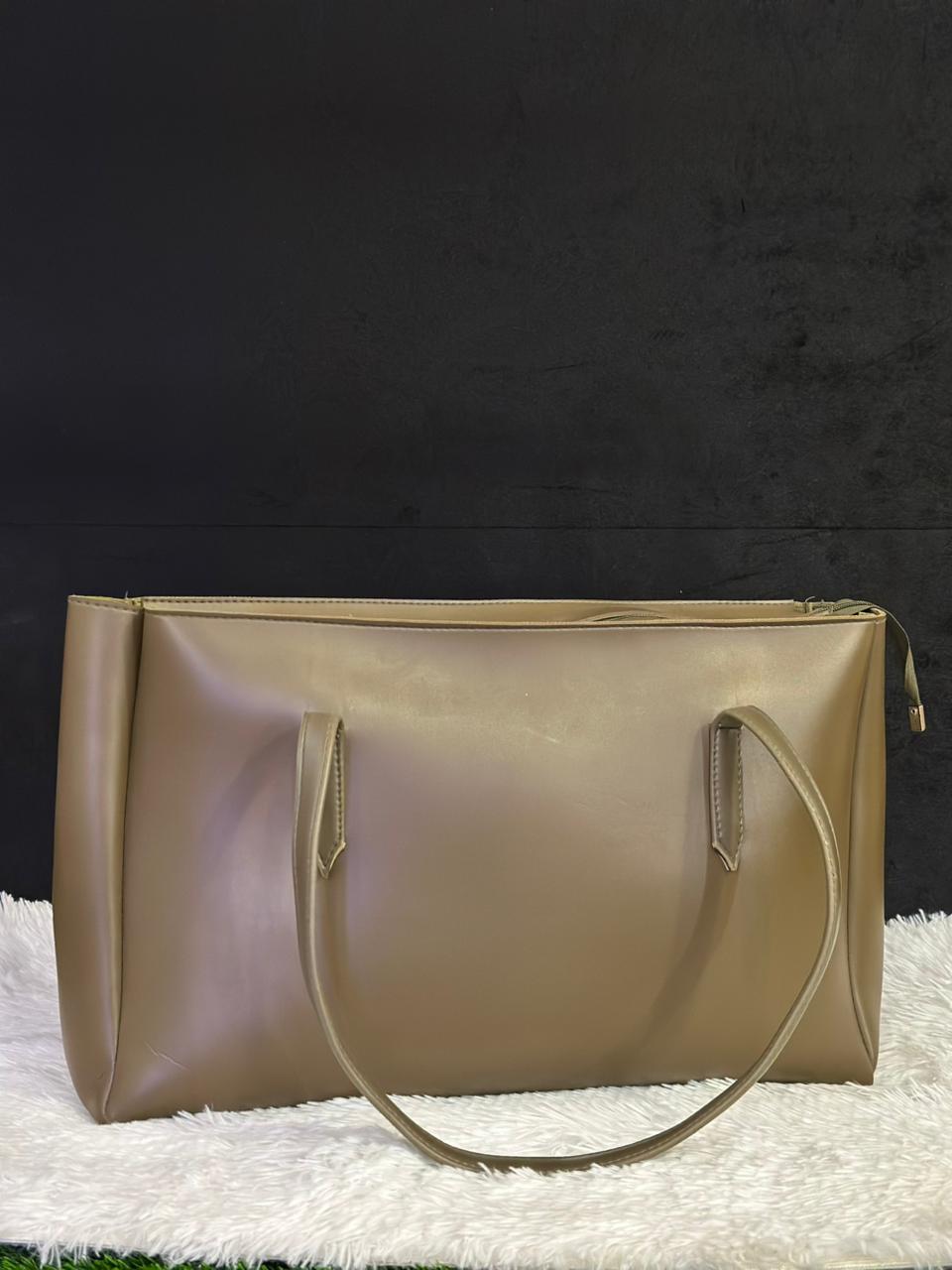 Women's Structured Tan Faux Leather Minimalist Work Tote Bag