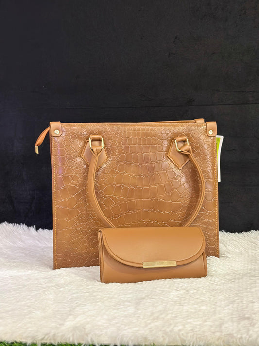 Women's 2-Piece Tan Croc-Embossed Faux Leather Handbag and Clutch Set