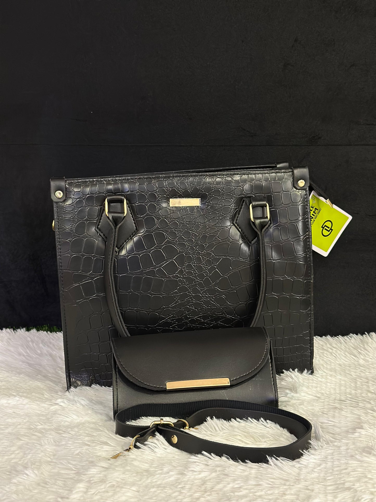 Women's 2-Piece Tan Croc-Embossed Faux Leather Handbag and Clutch Set